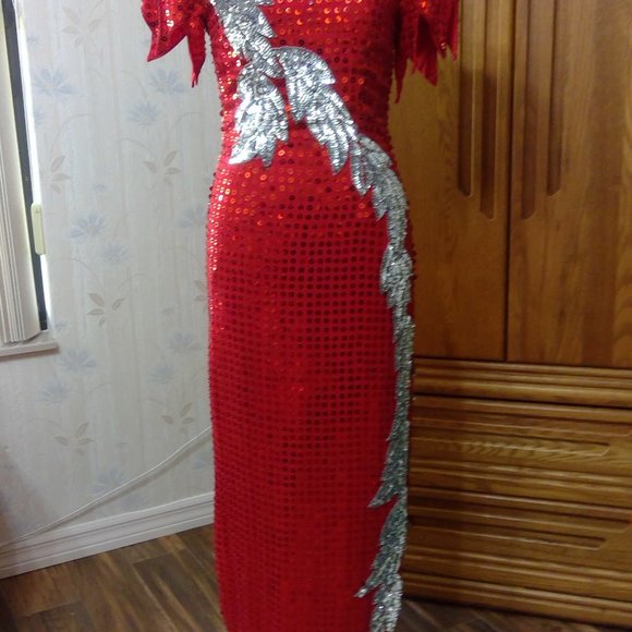 red silk evening gown